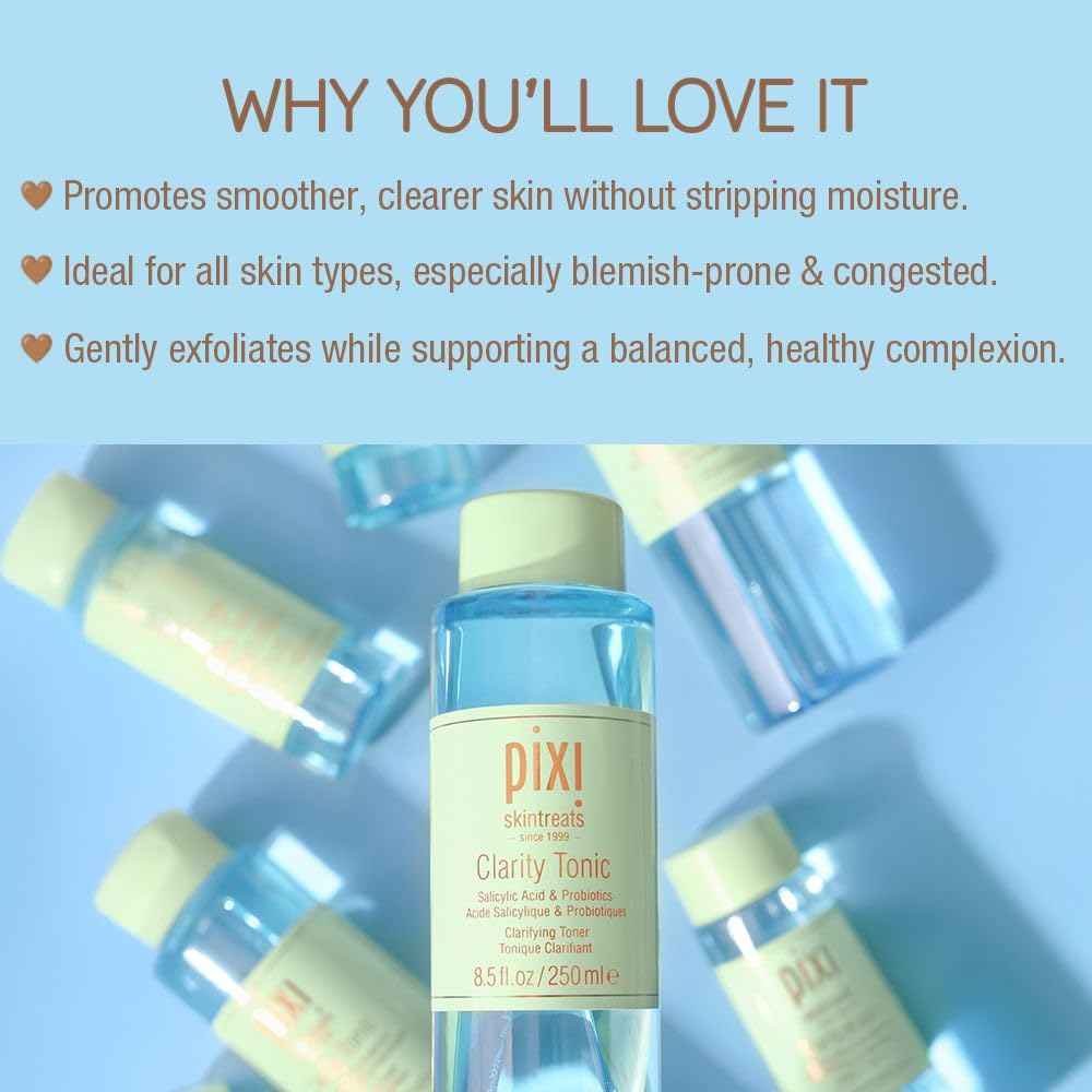 Pixi Beauty Clarity Tonic, AHA & BHA Toner | Minimize Pores, Promote A Clearer, Healthier Complexion, 250 ml