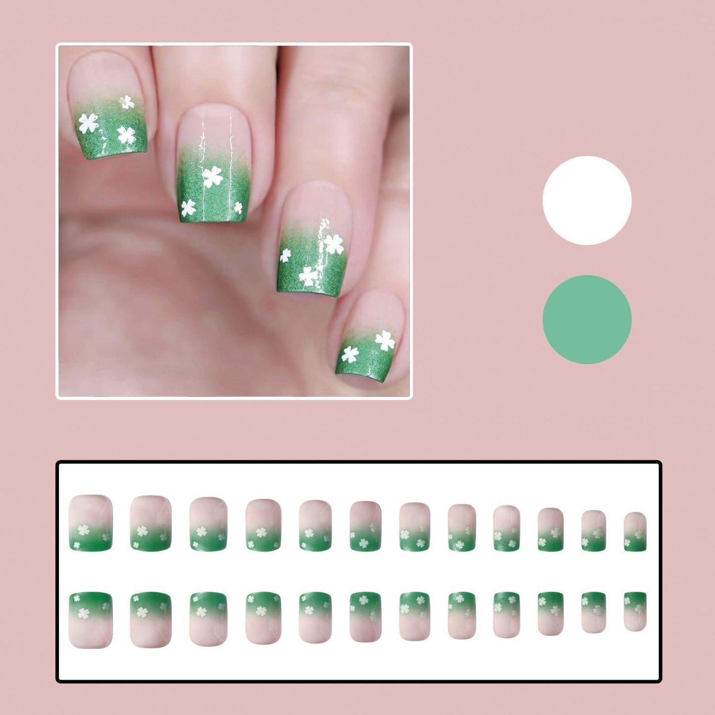 SINHOT St. Patrick's Day Press on Nails Short Square Spring Nails Shamrock French Fake Nails with Glue Green Nails False Nails Squoval Acrylic Nails 24pcs