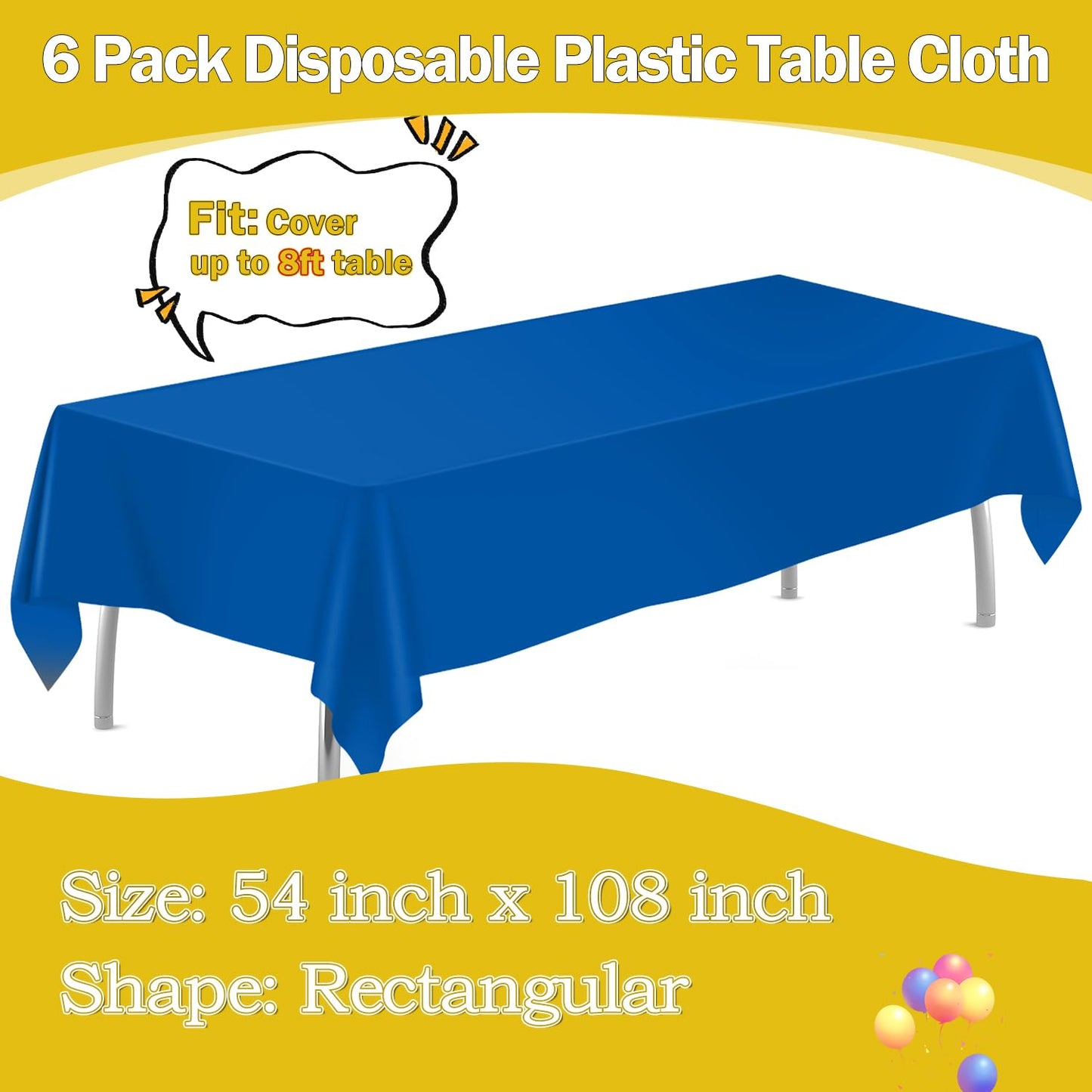 tujol Royal Blue 6 Pack Plastic Table Cloth 54" x 108", Disposable Tablecloths Rectangle Table Cover, Plastic Table Cloths for Parties