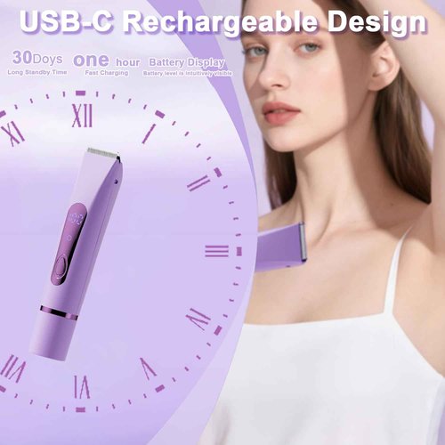 Bikini Trimmer Electric Razors for Women, Rechargeable Pubic Body Hair Trimmer 2-in-1 Electric Shaver for Legs Body Hair, Bikini Shaver (Purple)