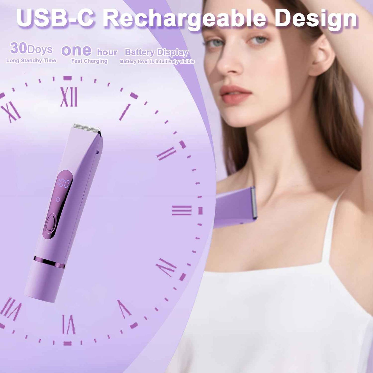 Bikini Trimmer Electric Razors for Women, Rechargeable Pubic Body Hair Trimmer 2-in-1 Electric Shaver for Legs Body Hair, Bikini Shaver (Purple)