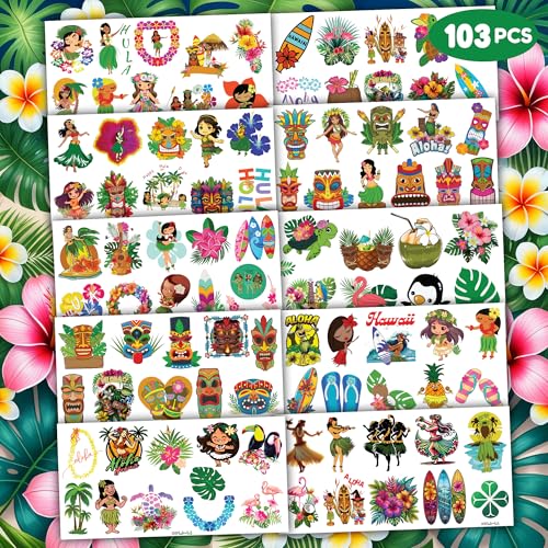 103 PCS Hula Hawaiian Temporary Tattoos Stickers Summer Beach Aloha Tiki Hawaii Luau Tropical Hula Dance Party Decorations Theme Birthday Supplies Favors Tattoo Gifts Kids Girls Boys School Rewards