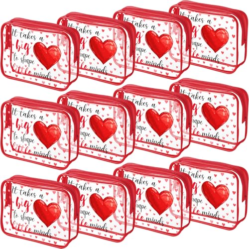 12 Pcs Valentine's Day Teacher Appreciation Gifts Thank You Makeup Bags PVC Clear Portable Goodie Bags Organizer 7 x 4.3 x 2.4 '' Travel Zippered Toiletry Carry Pouch for Teacher Gift