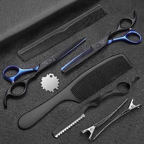 JASON Hair Cutting Scissors Kit - Professional 10 PCS Haircut Scissors Set with 6.7" Thinning/Texturizing Scissors, Straight Shears for Men Women Home Salon Barber (30 Teeth, Black & Blue) Christmas