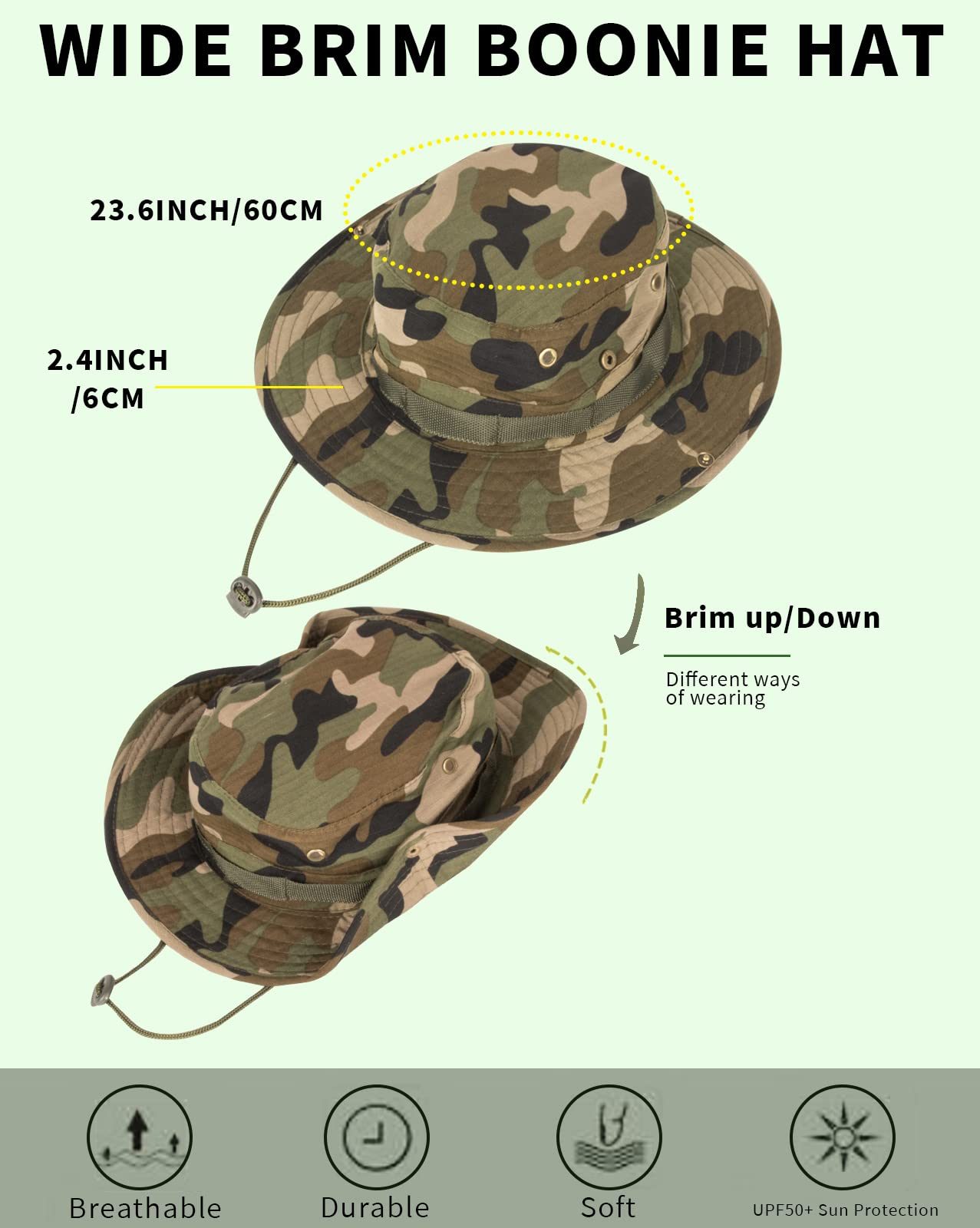 Sun Hats for Men Women Bucket Hat UPF 50+ Boonie Hat Foldable UV Protection Hiking Beach Fishing Summer Safari(1pack-Jungle Camo)