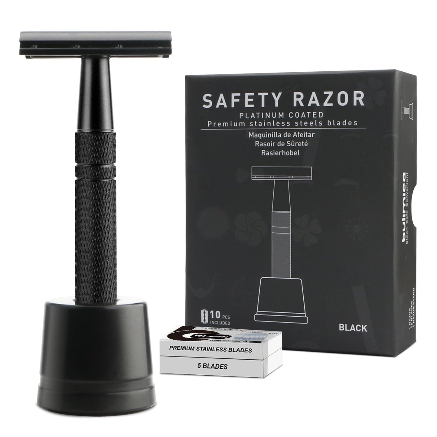 Matte Black Double Edge Safety Razor with Stand for Men, Reusable Metal DE Razor with 10 Platinum Coated Double Edge Safety Razor Blades, Women's Safety Shaving Razors