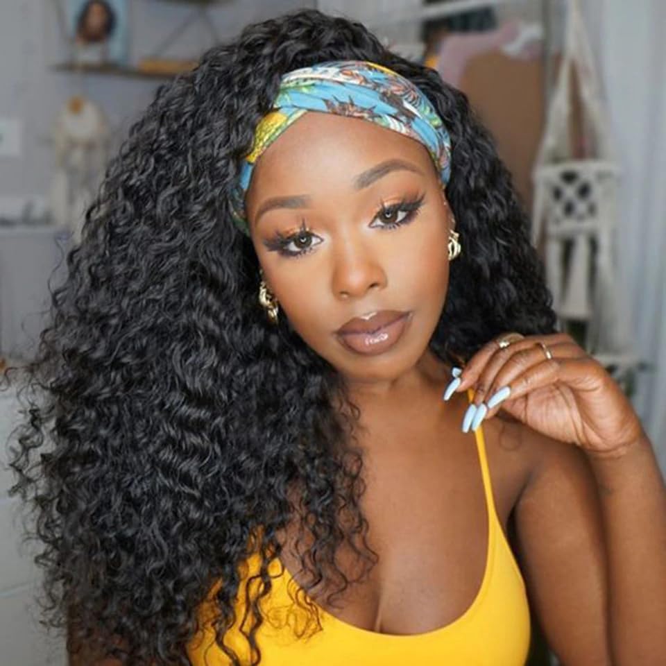 Unvizossa Headband Wig Human Hair Deep Wave None Lace Front Wigs Human Hair Curly Human Hair Headband Wigs for Black Women 150% Density Natural Color 14 Inch