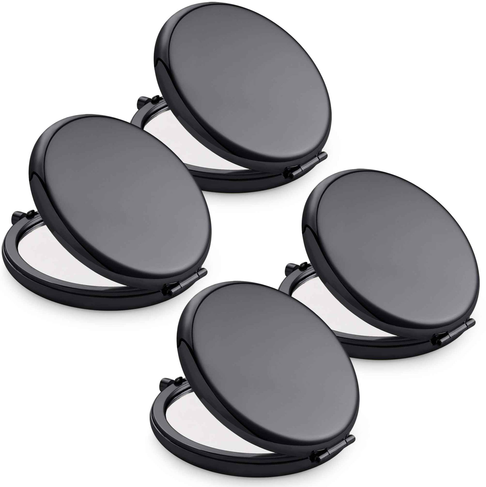 MLLXX Compact Mirror for Purse, Metal Round Shell, Double-Sided 1X/2X Magnifying, Portable Travel Makeup Mirror, Mini Pocket Mirror, Black，4 Packs