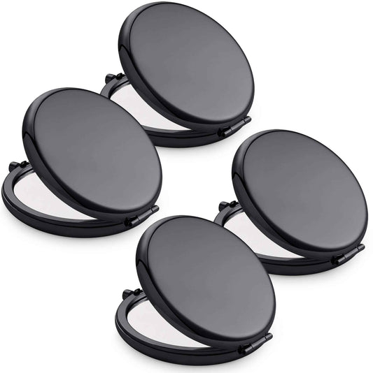 MLLXX Compact Mirror for Purse, Metal Round Shell, Double-Sided 1X/2X Magnifying, Portable Travel Makeup Mirror, Mini Pocket Mirror, Black，4 Packs