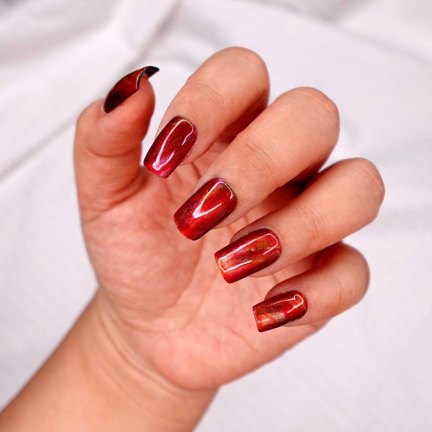 10 Pcs Handmade Press on Nails (X-Small, Fire Goddess - Red Orange Yellow Metallic Chrome Mix Color/Short Square) A123XS