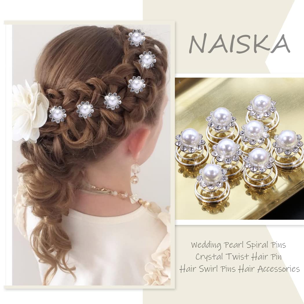 NAISKA Rhinestone Hair Accessories Spiral Hair Pins Wedding Crystal Pearl Hair Clips Silver Coil Bridal Headpieces Women and Girls Hair Decoration for Prom Party(8PCS)