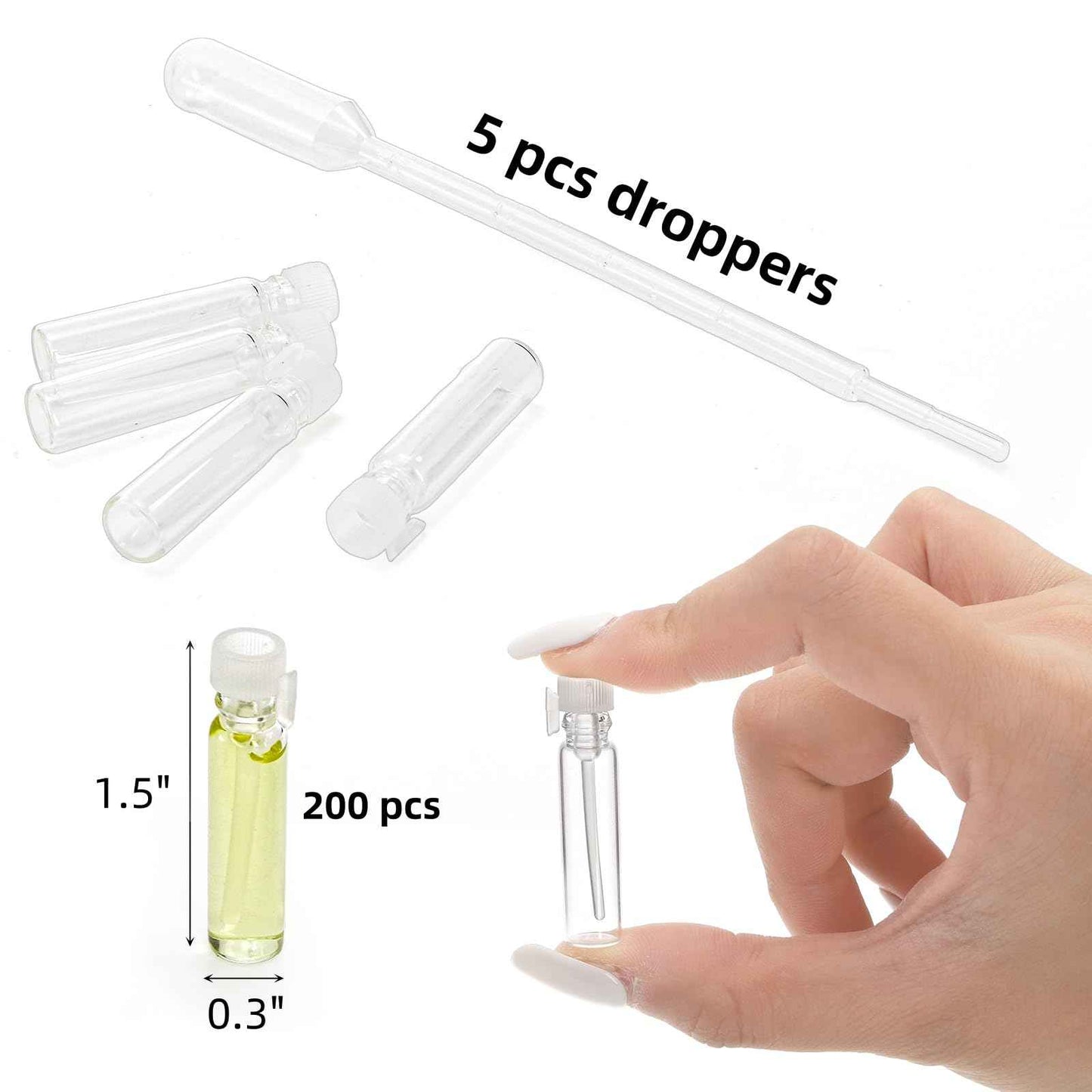 Mezchi 200Pcs Mini 1ml Clear Glass Perfume Sample Bottles with 5 Droppers, Empty Refillable Cologne Decant Bottles, Travel Tester Vials for Fragrance, Essential Oils, DIY Liquids