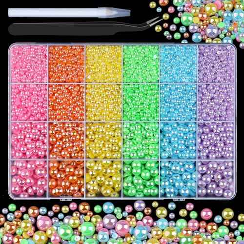 8500PCS Rainbow Flatback Pearls Set, 3/4/6/8mm Pink Purple Blue Half Round Pearls Bedazzling Bead with Tweezer and Pickup Pen for Nail Art Wedding Tumbler DIY Crafts