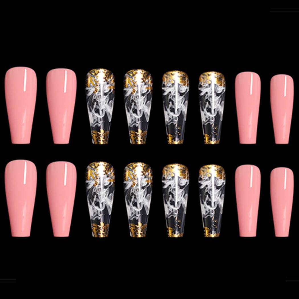 Outyua Smoke Pattern Fake Nails Pink Coffin Extra Long Press on Nails with Designs Glossy Ballerina Acrylic False Nails Stick on Artificial Nails 24Pcs (Pink)