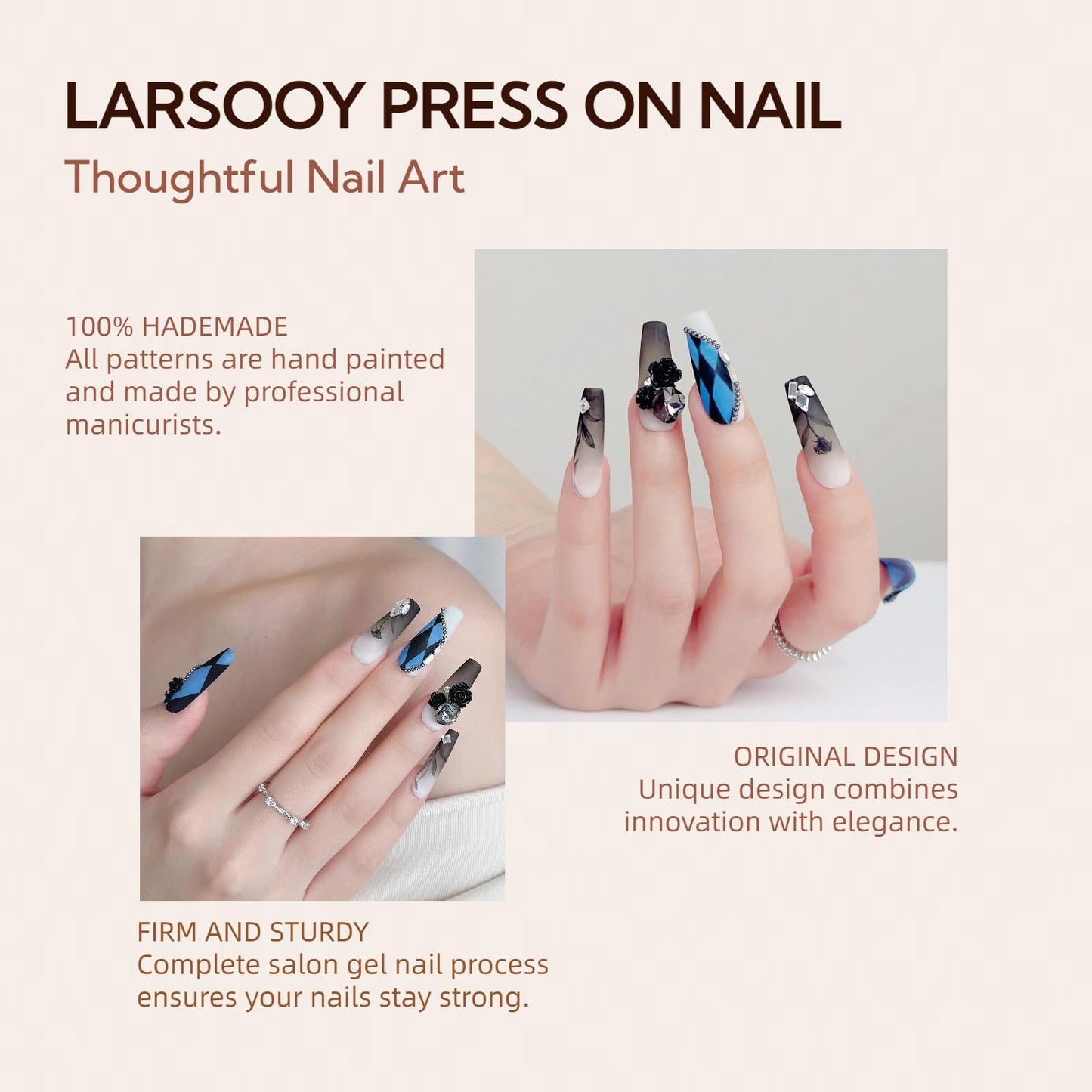 LARSOOY Nails Handmade Press on Nails Long Coffin | Hand Painted Nails with Check Pattern Design | Reusable Fake Nails with 3D Roses | False Nails 10 Pcs (Rose of The Night Queen, M)