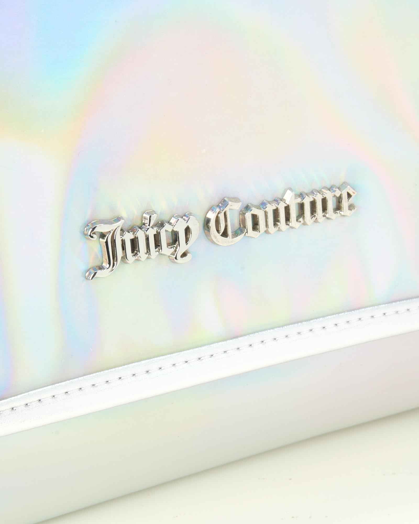 Juicy Couture Iridescent Makeup Bag Cosmetics Organizer Travel Essentials Hanging Hook Iridescent Silver Trim