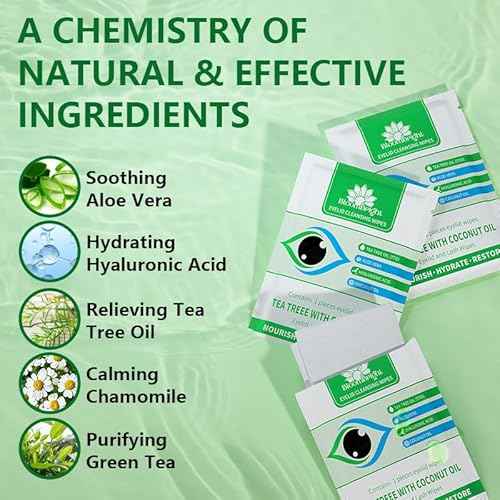 60 Pcs Tea Tree Oil Eyelid Cleansing Lash Wipes with Coconut, Hyaluronic Acid, Green Tea, Chamomile, Aloe Vera ? Itchy Stye Eyes Relief ? Individually Wrapped Makeup Remover Daily Cleanser (60 Count)