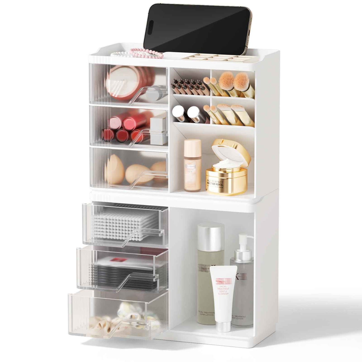 Small Makeup Organizer with Drawers, Stackable Bathroom Couneter Organizer with Phone Holder, Versatile Vanity Organizer Countertop, Cosmetic Organizer for Makeup Brush, Skin Care, Lotion -White,2Pack