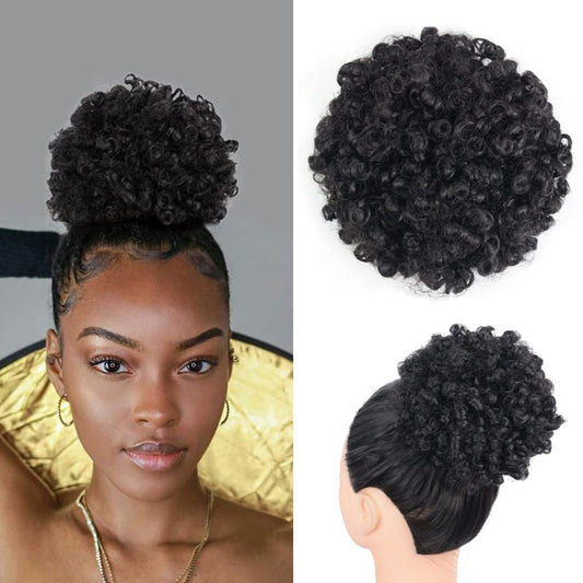 Yinmei Baibian Ombre Blue Curly Wavy Afro Puff Drawstring Ponytail Hair Extension for Black Women Synthetic Updo Afro Bun Loose Wave Short Mini High Puff Hairpieces for Girls Kids(1B/Blue#)