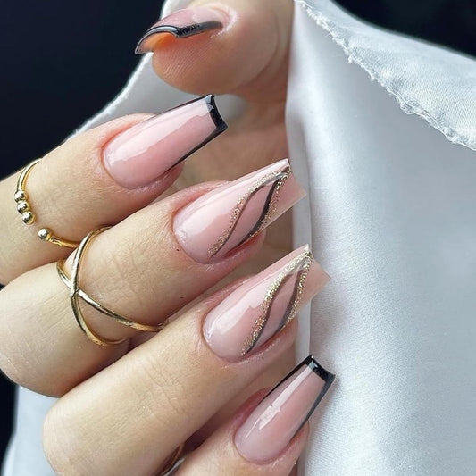 French Tip Press on Nails Long Square Fake Nails Light Pink Acrylic Nails Glitter Gold Lines Design Coffin Nails Tips Full Cover False Nails Artificial Glossy Glue on Nails for Women Nail Decorations