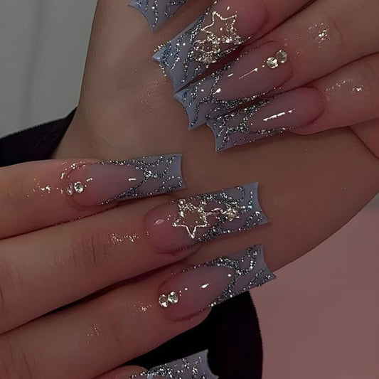 Long Square Press on Nails French Tip Fake Nails Gray Gradient Full Cover Star Charm False Nails with Glitter Swirl Designs Glossy Glue on Nails Acrylic Nails Handmade Nails for Women Girls 24Pcs