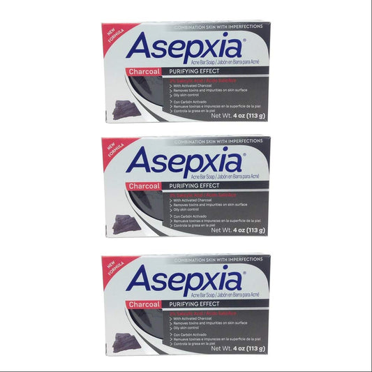 Asepxia Charcoal Cleansing Bar Soap. For Acne and Blackheads. Removes Impurities and Toxins. Helps Oily Skin. With Salycilic Acid. 4 Oz. Pack of 3