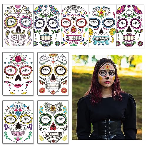 Day of the Dead Face Temporary Tattoos - 9 Sheets Skull Stickers