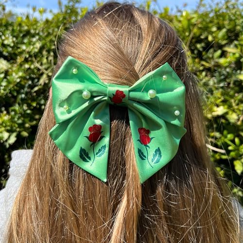 VIADALINNO Hair Clip Bow in a Box Pearls Roses for Women and Girls Silky Cute Coquette Teen Babygirl Little Barrette Hairbows Belle Cinderella Child Giftable Accessories Outfit (1, Light green)