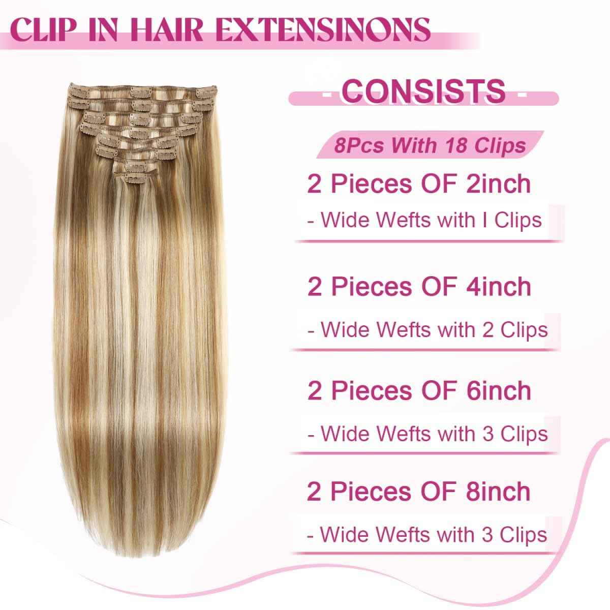 Tebelove Clip in Hair Extensions Real Human Hair 3.6oz/100g Clip ins 100% Human Hair Extension for Women 8pcs Per Set with 18 Clips Double Weft (16 Inch #16/22 Light Blonde to Golden Blonde)