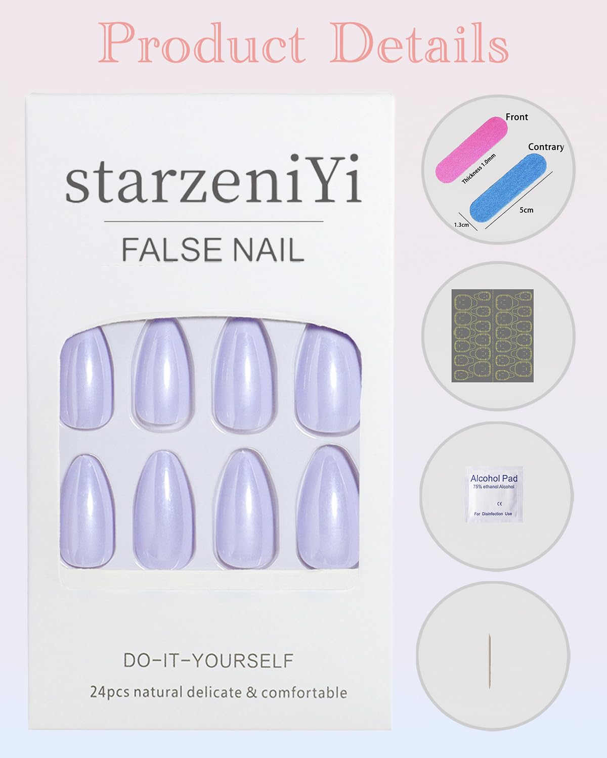 StarzeniYi Almond Press on Nails, Press on Nails Medium, Reusable Artificial Fake Nails, Full Cover False Nails for Women (Aurora Purple）