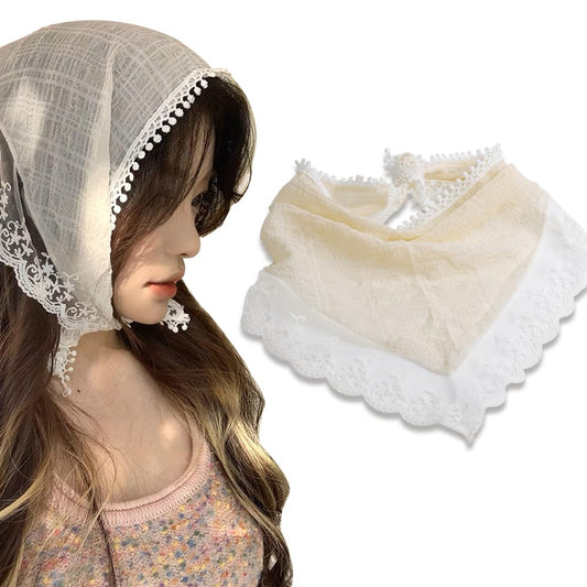 Yreamont Vintage White Chiffon Floral Lace Headpiece Headwrap Bandana for Women - Embroidered Fabric Head Covering