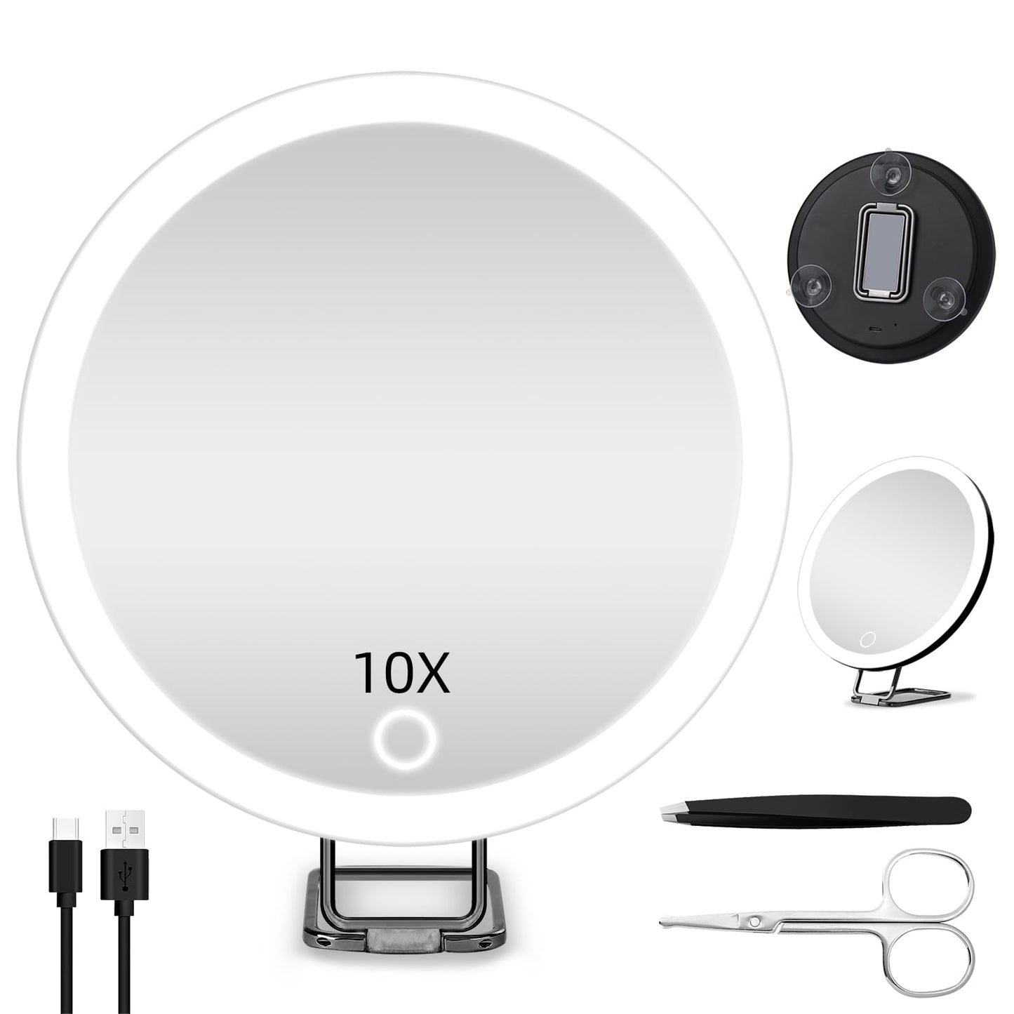 Jadazror 10X Magnifying Mirror with Lights, 6inch Makeup Magnifying Mirror 10X Lighted Magnification with Adjustable Stand & 3 Suction Cups - for Detailed Makeup,Shaving,Blackhead Blemish Removal
