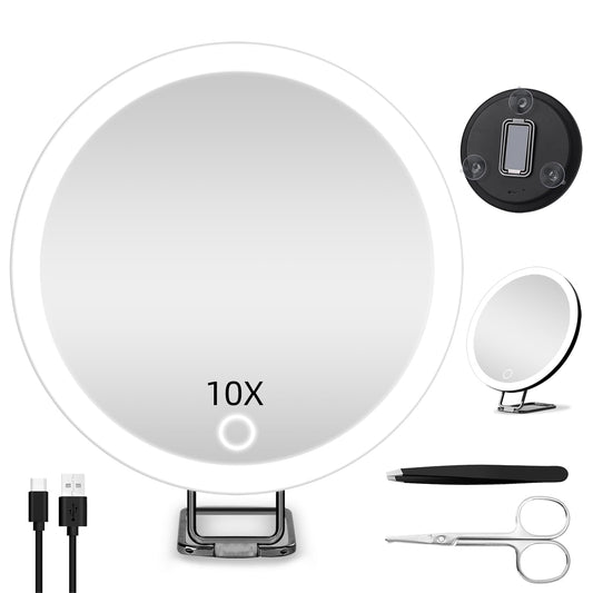 Jadazror 10X Magnifying Mirror with Lights, 6inch Makeup Magnifying Mirror 10X Lighted Magnification with Adjustable Stand & 3 Suction Cups - for Detailed Makeup,Shaving,Blackhead Blemish Removal