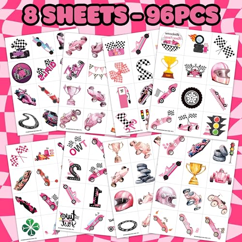 96 PCS Pink Race Car Pre-Cut Temporary Tattoos Birthday Party Decorations Supplies Favors Pink Two Fast One 1st Hot Checkered Decor Stickers Gifts For Boys Girls Classroom School Prizes Reward