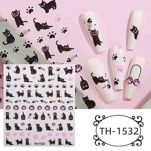 Black Cat Nail Art Stickers, 8 Sheets, Cat Nail Stickers,Cartoon Animal Self-Adhesive Nail Decals Supplies Cute Cartoon Manicure Sliders for Women Girls Nail Art Decorations