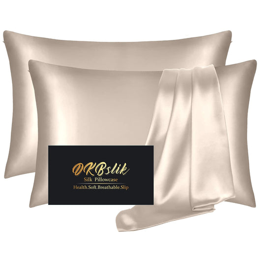 Silk Pillow Cases 2 Pack, Mulberry Silk Pillowcases Standard Set of 2, Smooth, Anti Acne, Beauty Sleep, Both Sides Natural Silk Satin Pillow Cases for Women 2 Pack with Zipper for Gift, Champagne