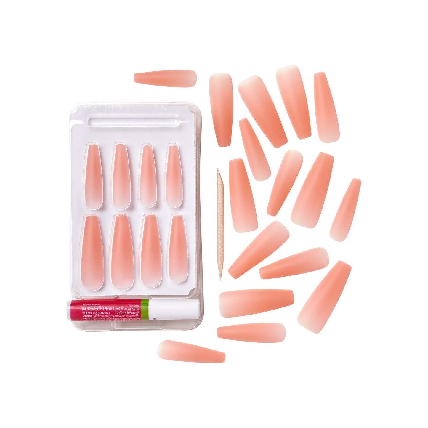 GoldFinger False Nails Kit, Jelly Color Ready to Wear Matte Orange Fake Nails, Manicure Stick and Glue Included, XX-Long Length, Coffin Shape, Long-Lasting Hottest Trend Glue on Nails