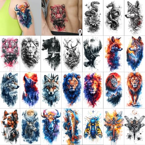 GLARYYEARS Temporary Tattoos for Men, 24-Pack Large Fake Tattoos, Long-lasting Animal Tattoos, Wolf Lion Snake Design Variety Pack Realistic Tattoos 3D, Cool on Half Arm Leg Back Body