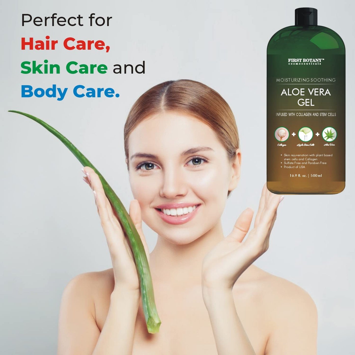 First Botany, Pure Aloe vera gel 100% Fresh Pure Aloe Infused with Stem Cells, Collagen Tea Tree Oil Natural Raw Moisturizer for Face Skin Body Hair Perfect for Sunburn, Acne, Razor Bumps 16.9 fl oz