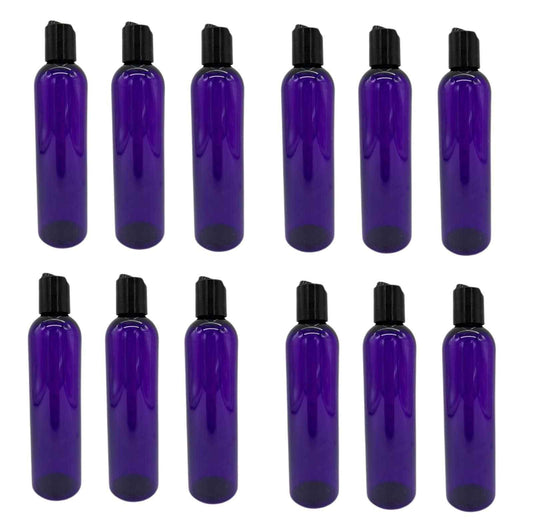 Natural Farms 8 oz Purple Cosmo Plastic Bottles -12 Pack Empty Bottle Refillable - BPA Free - Essential Oils - Aromatherapy | Black Press Down Disc Cap - Made in the USA