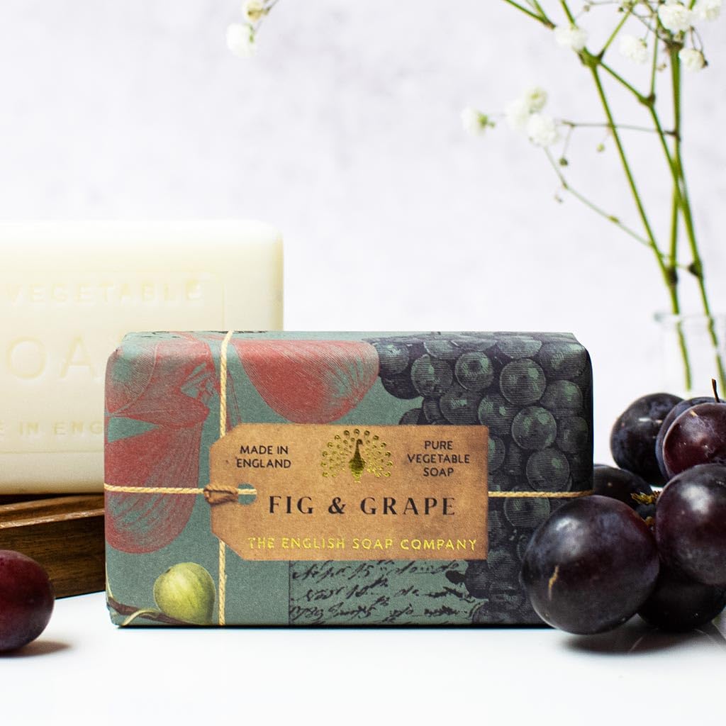 The English Soap Company Anniversary Wrapped Soap Bar, Luxury Fig Shea Butter Soap Bar, Moisturising Soap Bar for Face and Body, Fig and Grape Scent 190g