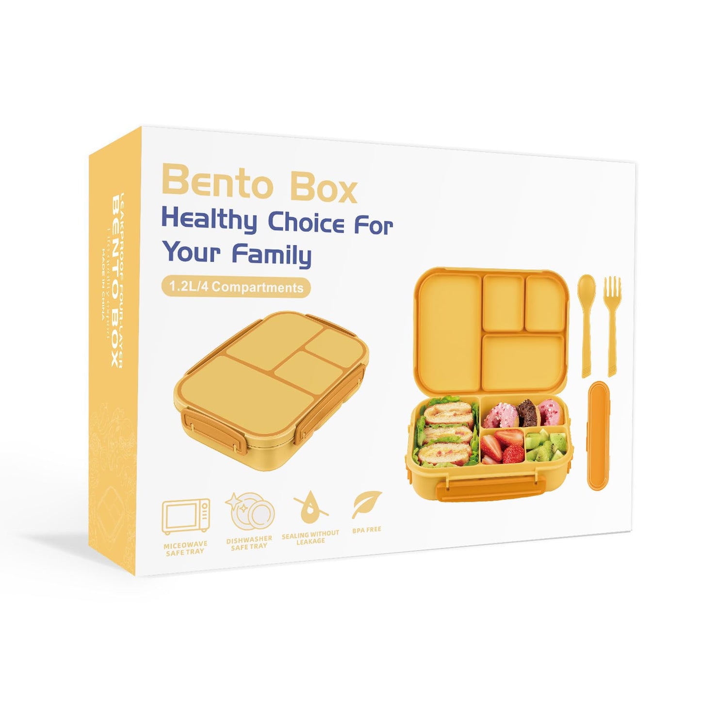 Amathley Lunch Box Kids,Bento Box Adult,Leakproof Lunch Containers for Adults/Kids/Toddler,1200ML-4 Compartments bento Lunch box with Utensil,Microwave & Dishwasher & Freezer Safe (Yellow)