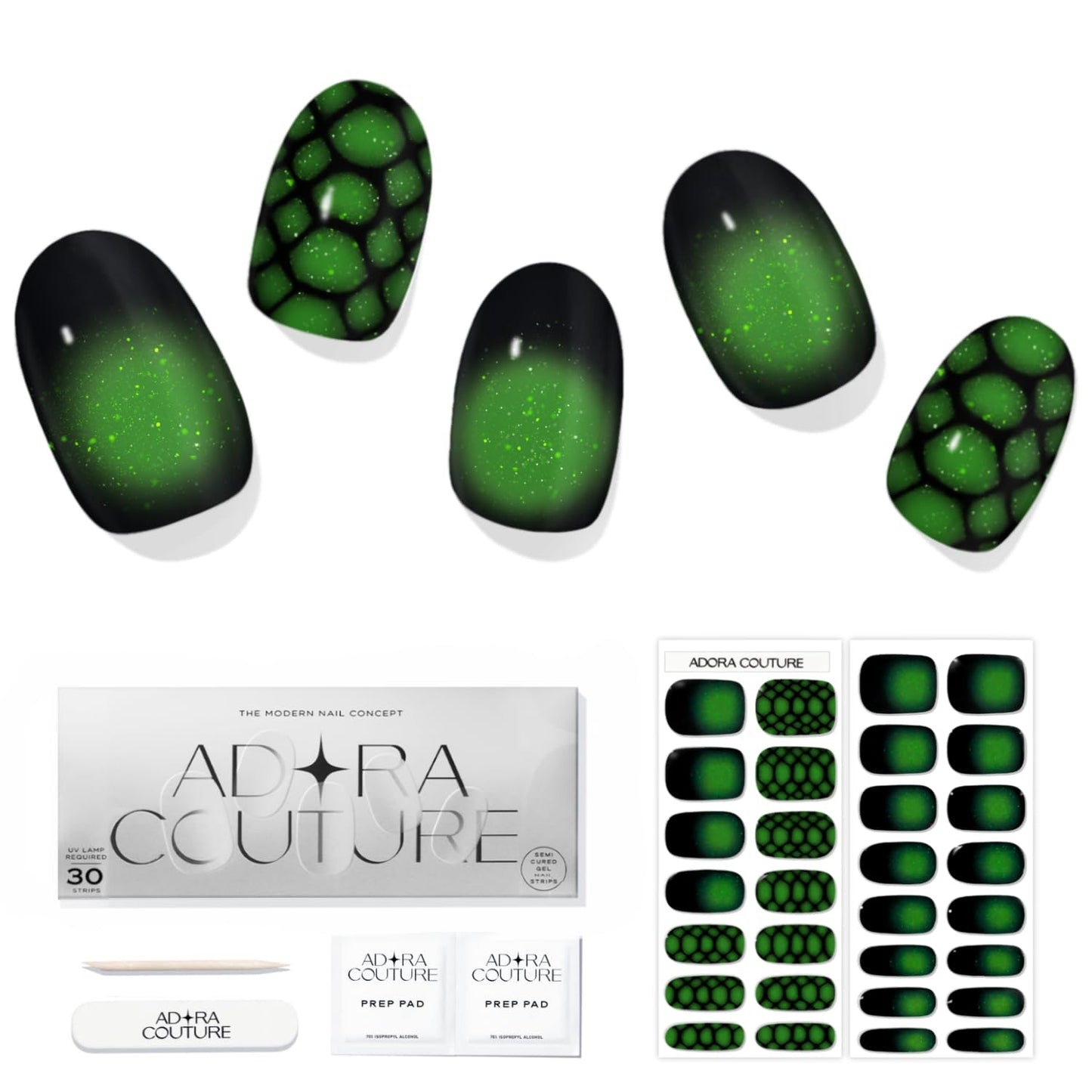 ADORA COUTURE Semi Cured Gel Nail Strips Kit | 30pcs Uv Gel Nail Stickers with Uv Light | Green Black Ombre Aura Nail Wrap | Nail Gel Stickers for Nails Uv Light (Lizard Green)