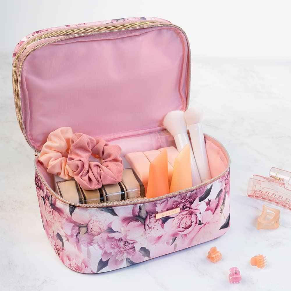 Conair Travel Makeup Bag, Large Toiletry and Cosmetic Bag, Perfect Size for Use At Home or Travel, Train Case Shape in Pink Floral Print
