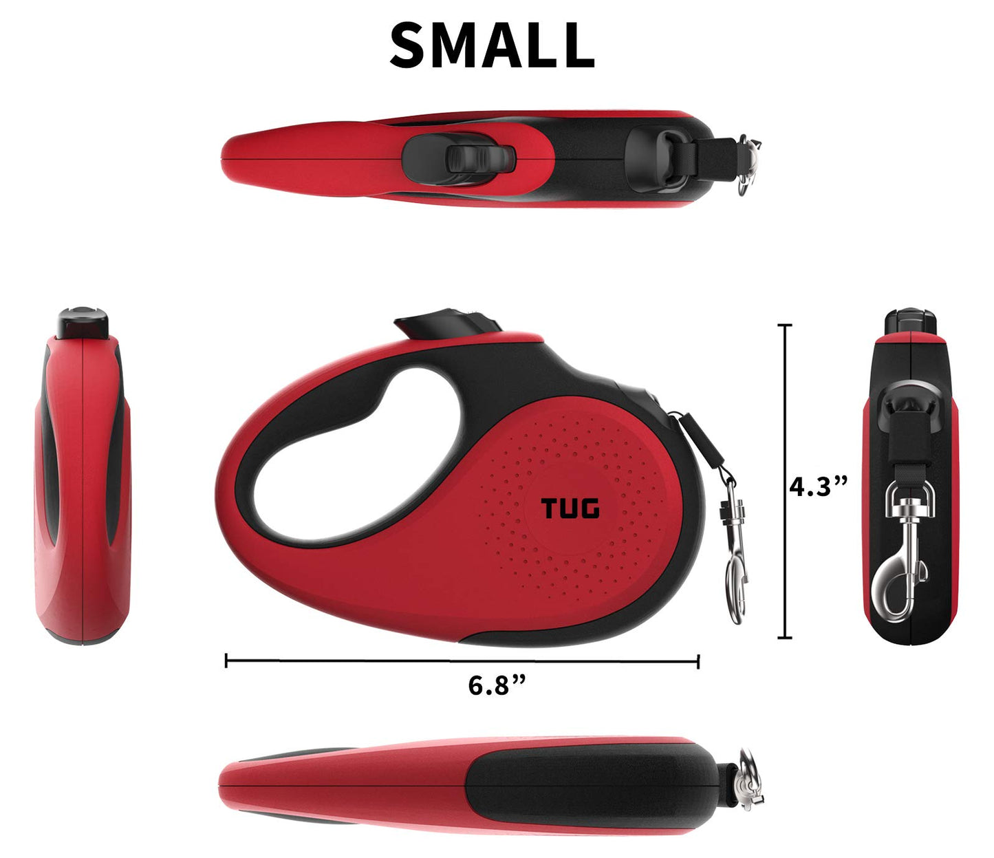 TUG 360° Tangle-Free Retractable Dog Leash with Anti-Slip Handle | 16 ft Strong Nylon Tape | One-Handed Brake, Pause, Lock (Small, Red)