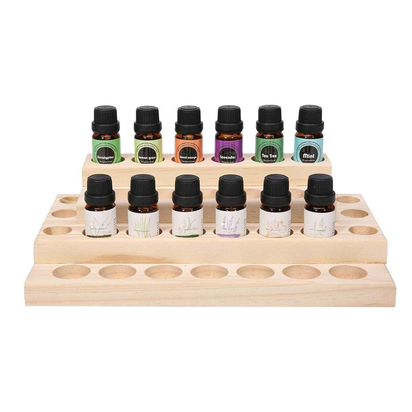 Pure Vie 4 Tier Essential Oil Bottles Wooden Storage Display Stand Travel Display Presentation Holder, Cosmetic Aromatherapy Organizer Rack Nail Polish Fragrance Container - Holds 30 Slots (15 ml)