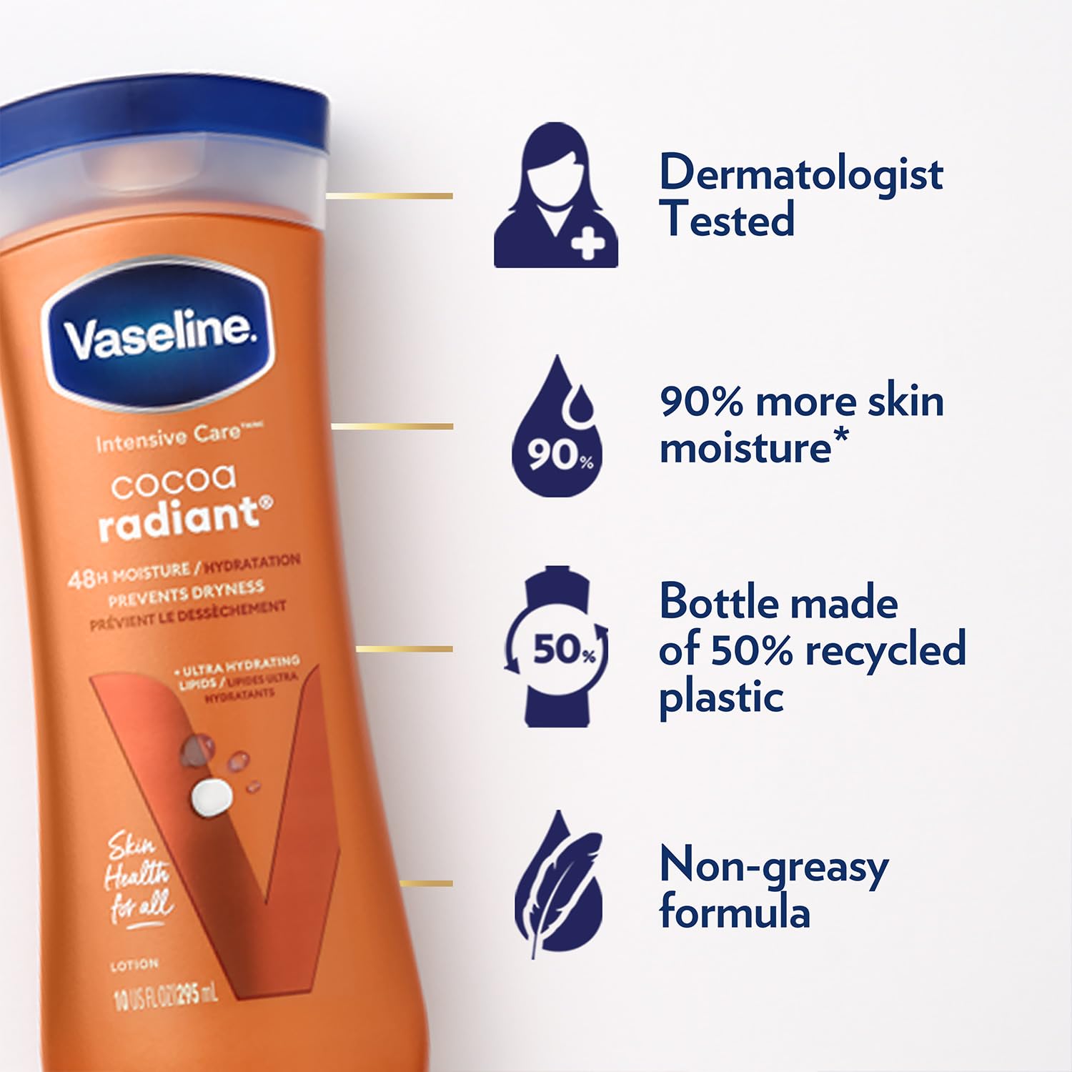 Vaseline Intensive Care Cocoa Radiant – Hand & Body Moisturizer with Cocoa Butter, Shea & Petroleum Jelly, Healing Lotion for Extremely Dry Skin, 10 Oz