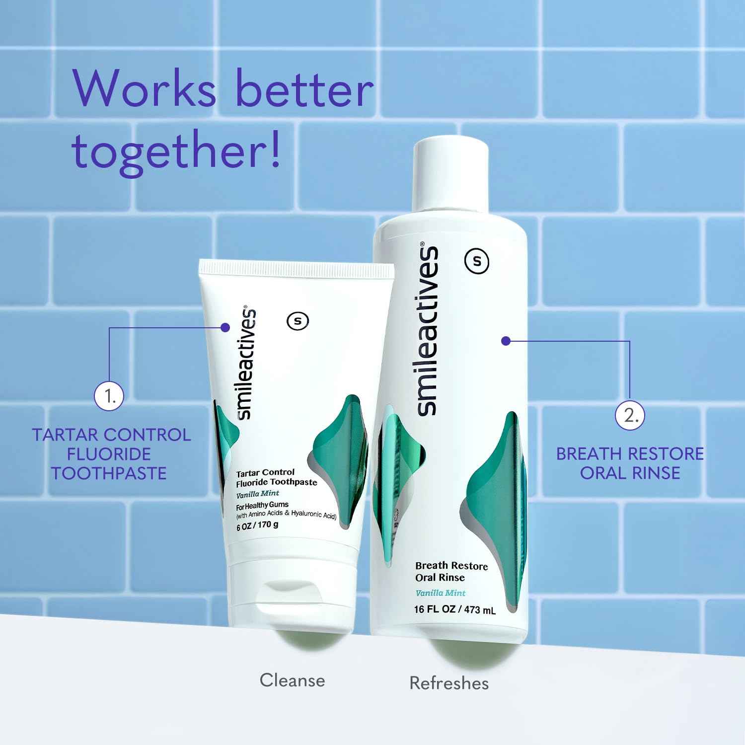 Smileactives Breath Restore Oral Rinse, Adults Mouthwash for Bad Breath and Gum Health, Promotes Oral Care, Healthy Mouth and Long Lasting Fresh Breath, Sugar and Alcohol-Free, Vanilla Mint, 16 fl oz