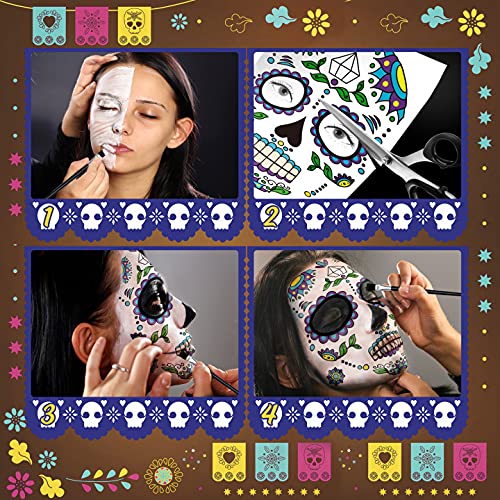 Day of the Dead Face Tattoos Makeup- Halloween Costume for Women Men Adults Kids |Halloween Skeleton Dia De Los Muertos Temporary Tattoos | 10 PCS Red Rose Sugar Skull Face Tattoo Decor Stickers Kit