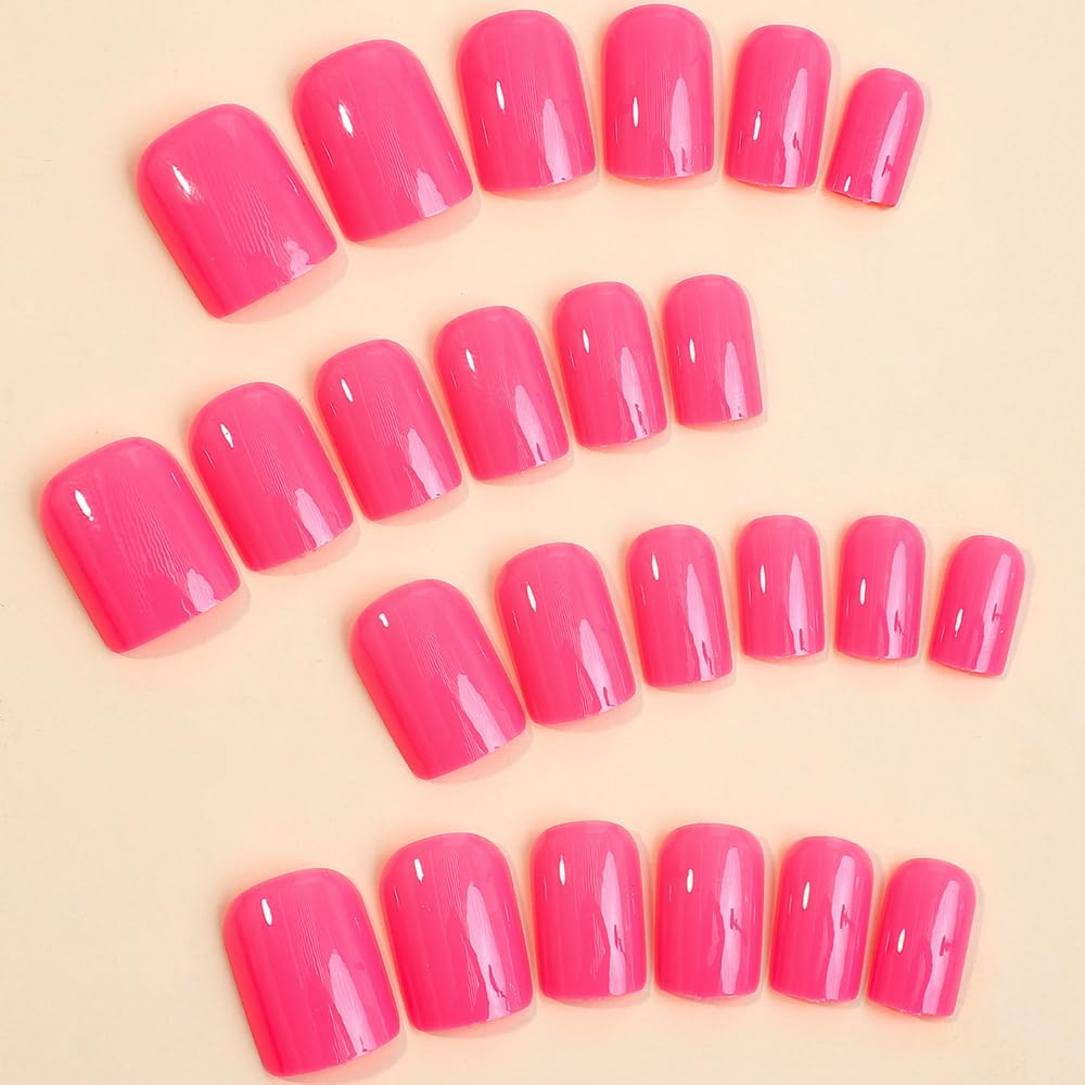 Press on Nails Square Medium Fake Nails Glossy Rose Red False Nails Glue on Acrylic Nails Reusable Glue on Nails for Women 24Pcs